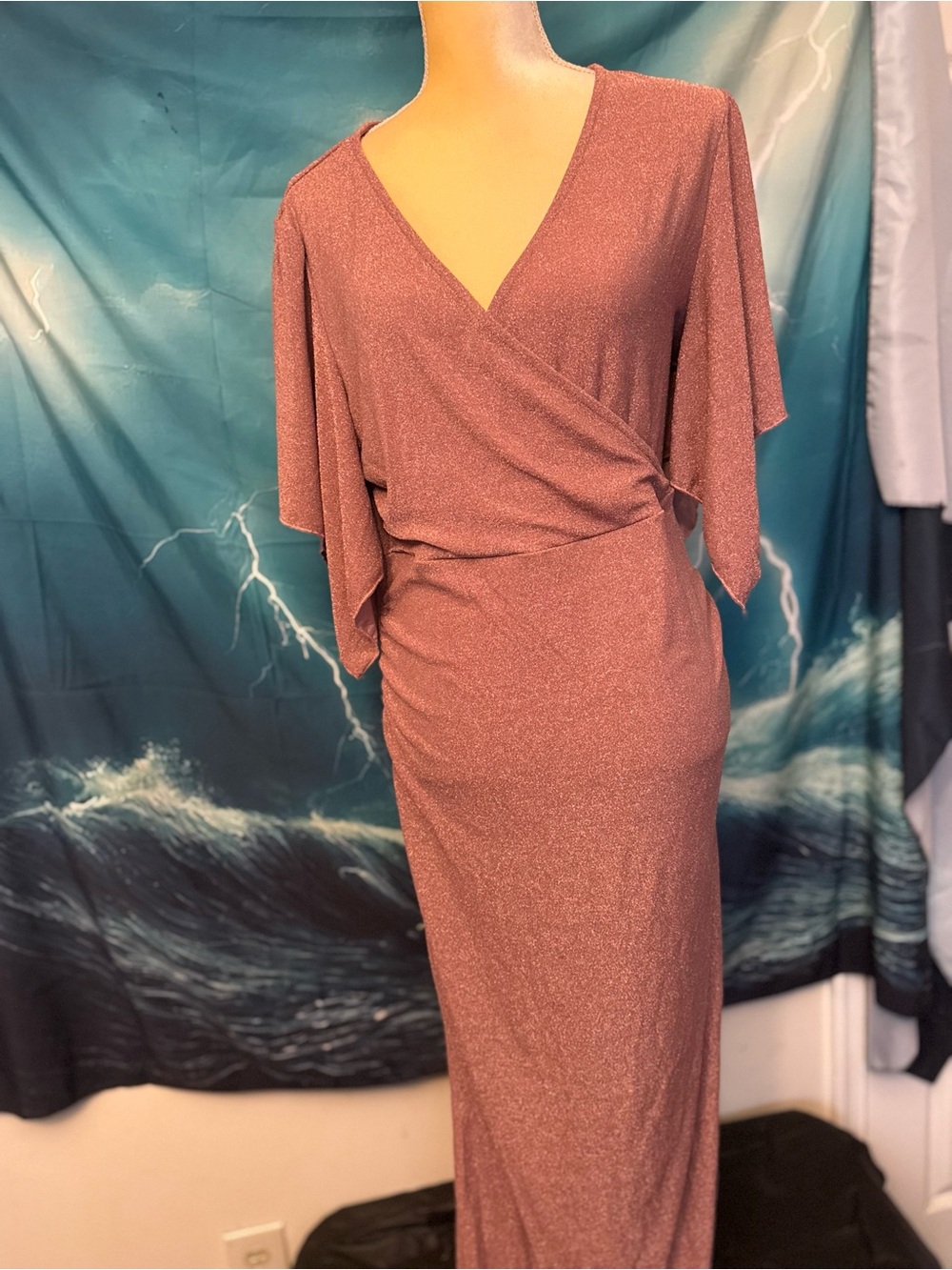 Shimmery Wrap-Front Maxi Dress in Rose